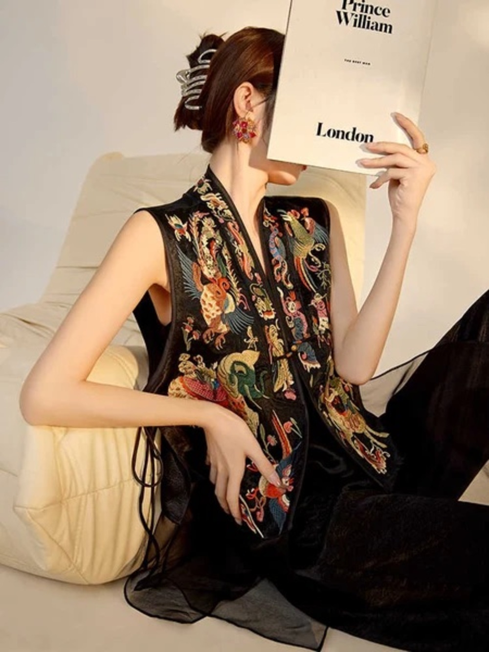 Vintage Oriental Embroidered Sheer Vest Black Intricate Animal & Floral Embroide